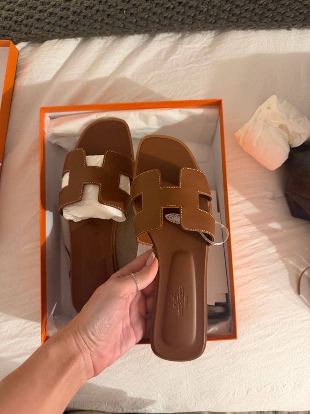 Hermes Brown Leather Oran Slide Sandals - Picture 3 of 3